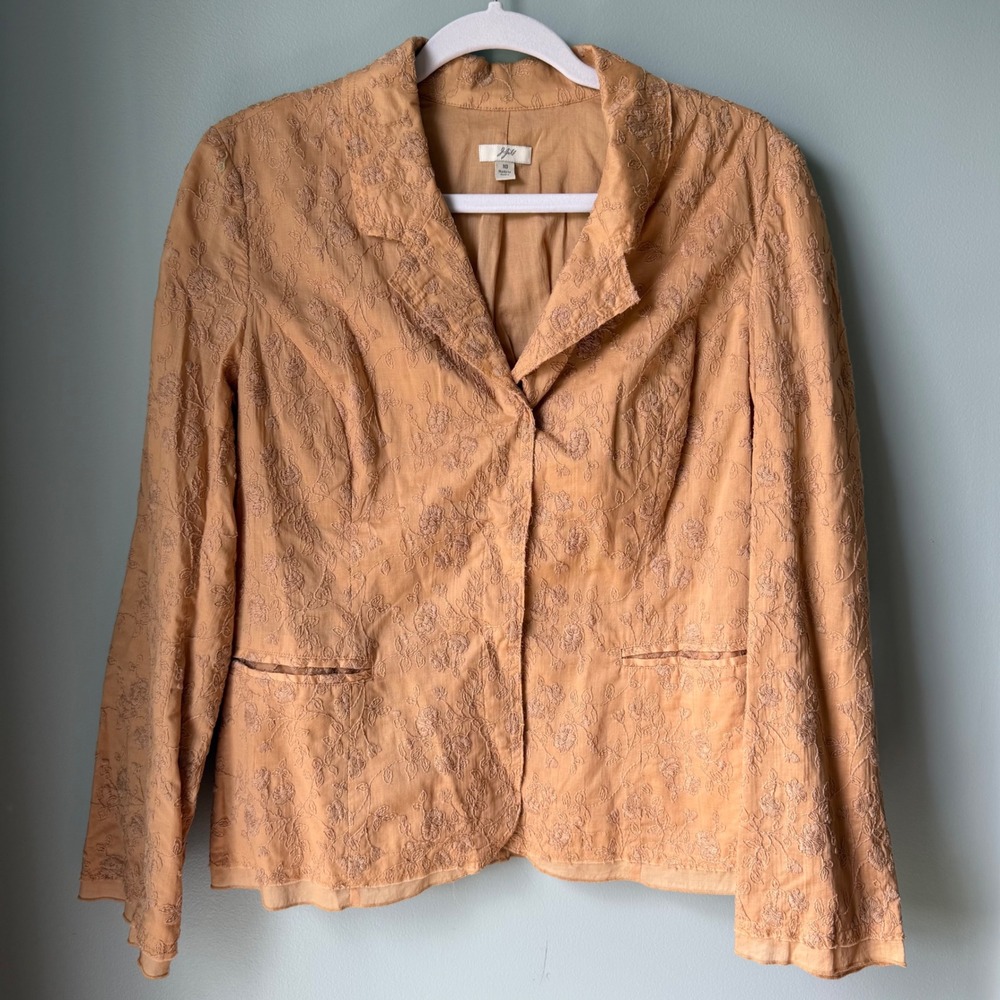 J. Jill‎ Embroidered Floral Blazer Jacket Tone-on-Tone 100% Cotton Tan Camel 10